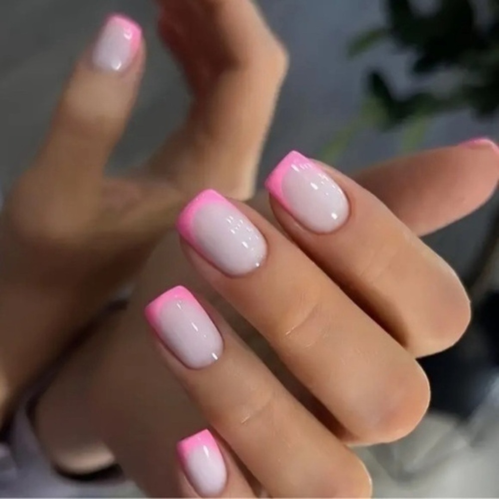 Hot Pink French Manicure Glossy Short Square Press-On Nails